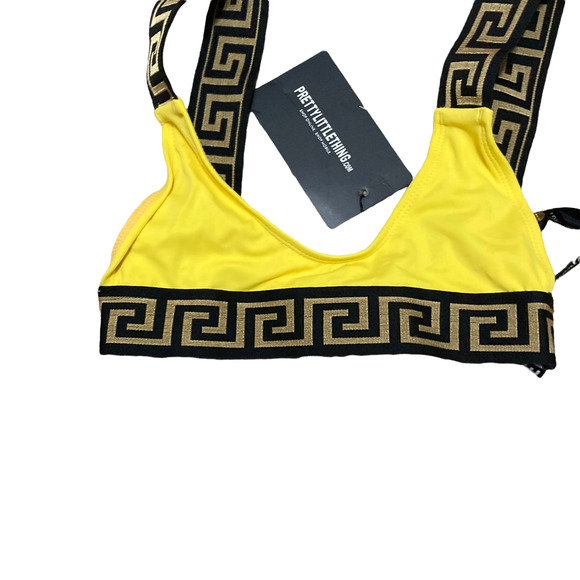 PrettyLittleThing Yellow Greek Key Low Scoop Bikini Top Cheeky Bottoms Size US 0 - Picture 4 of 15